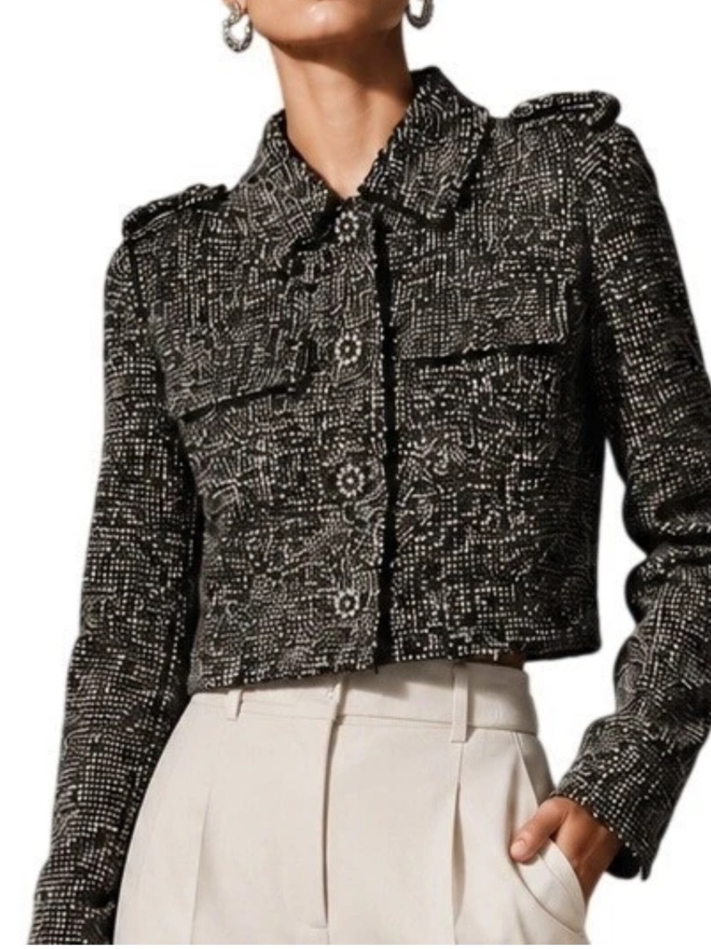 White House Black Market Black and White Cropped Tweed Jacket